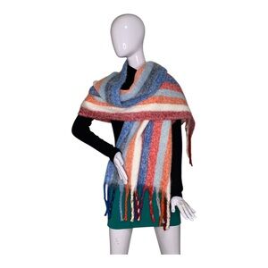 Tahari NWOT Red Blue White Orange Striped Fringe Soft Blanket Scarf One Size